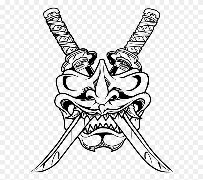595x684 Oni Drawing Samurai Огромный Подарок Для Powerpoint Простая Татуировка С Маской Самурая, Серый, World Of Warcraft Hd Png Download