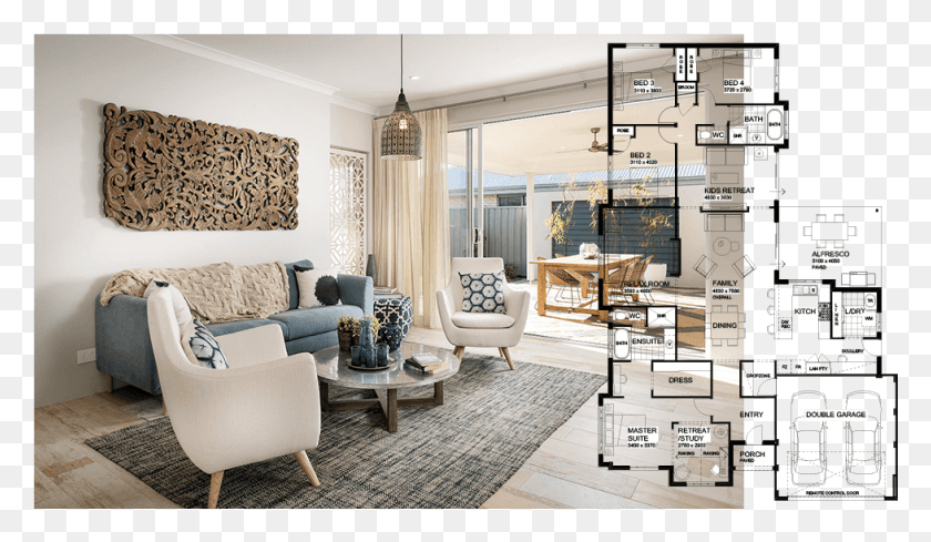 978x539 Open Floor Plan Home Designs Living Area Open To Alfresco, Furniture, Table, Living Room HD PNG Download