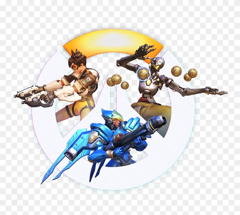 756x693 Overwatch Logo Con Personajes Colgando En Él Overwatch Sin Fondo Personajes, Persona, Humano, Avispa Hd Png