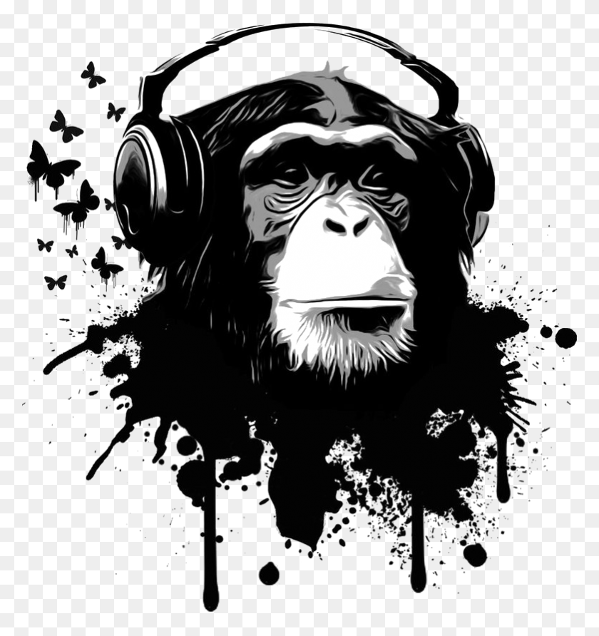 781x834 Pacific Dark Monkey With Headphones Art, Ape, Wildlife, Mammal HD PNG Download