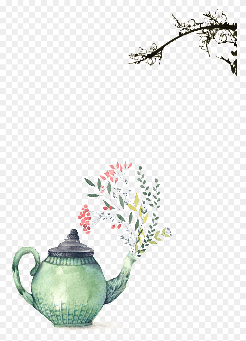 2378x3368 Painting Printmaking Illustration Floral Watercolor Teapot, Pottery, Pot, Plant HD PNG Download