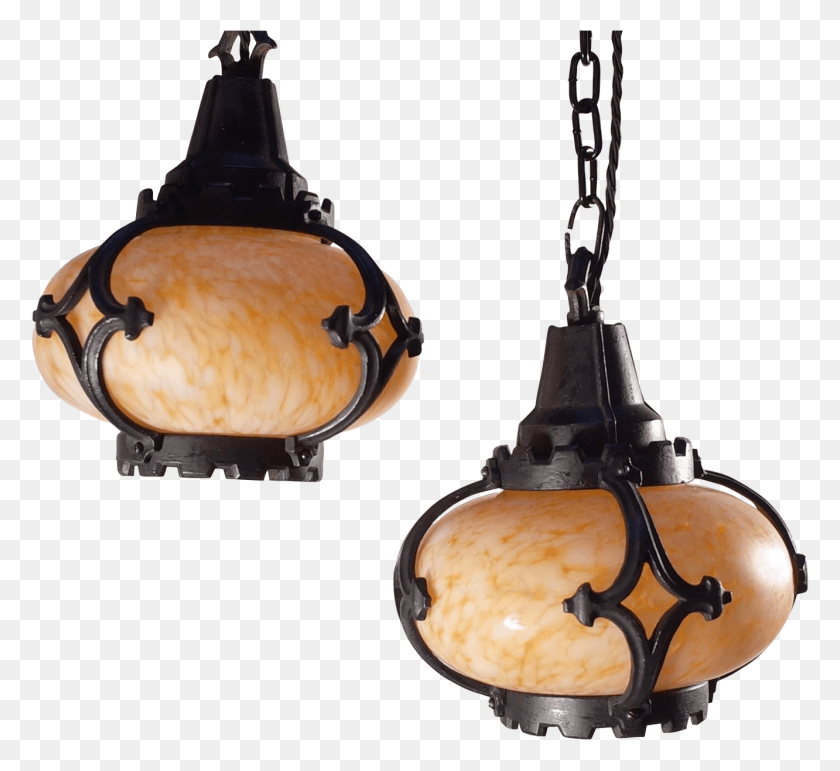 1332x1215 Pair Of Gothic Iron And Glass Pendant Lights Ceiling Fixture, Lamp, Light Fixture, Lampshade HD PNG Download
