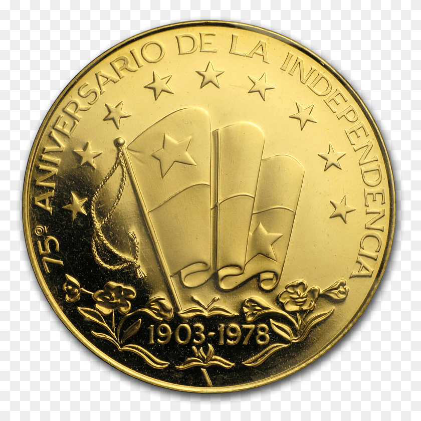 1429x1430 Panama Proof Gold 75 Balboas 75th Anniv Of Independence Gold Panda Coin, Money, Clock Tower, Tower HD PNG Download