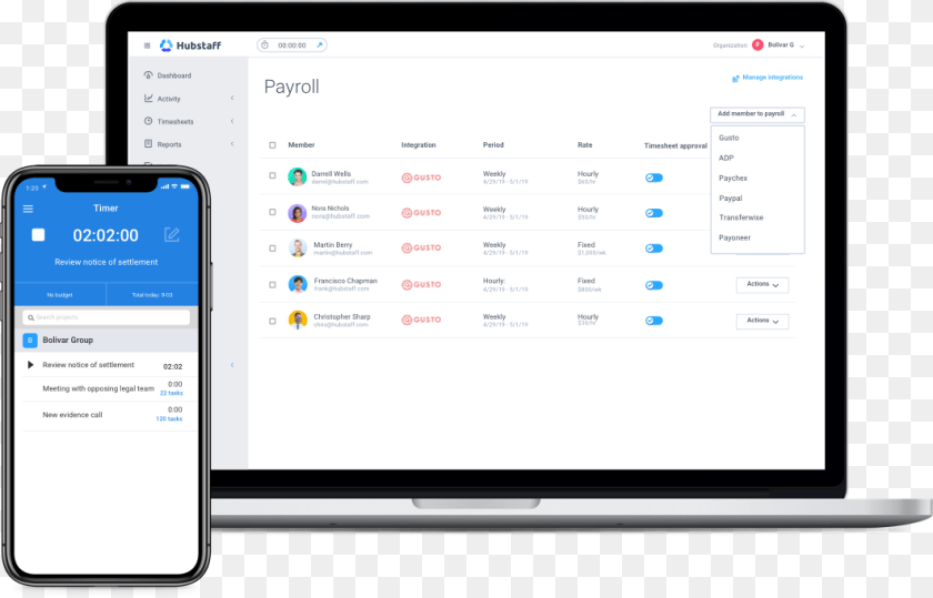 1062x682 Payroll In Hubstaff Gusto Mobile Time Tracking, Electronics, Phone, Mobile Phone, Person Transparent PNG