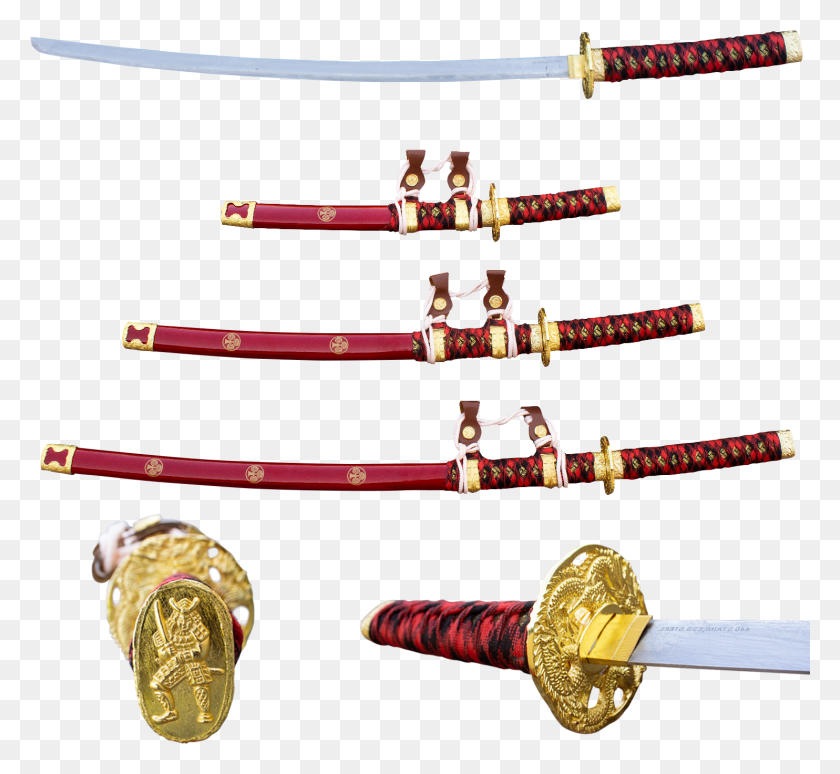 1484x1359 Descargar Png / Juego De Espada Katana De La Fiebre Del Oro Rojo, Espada, Arma, Armamento Hd Png