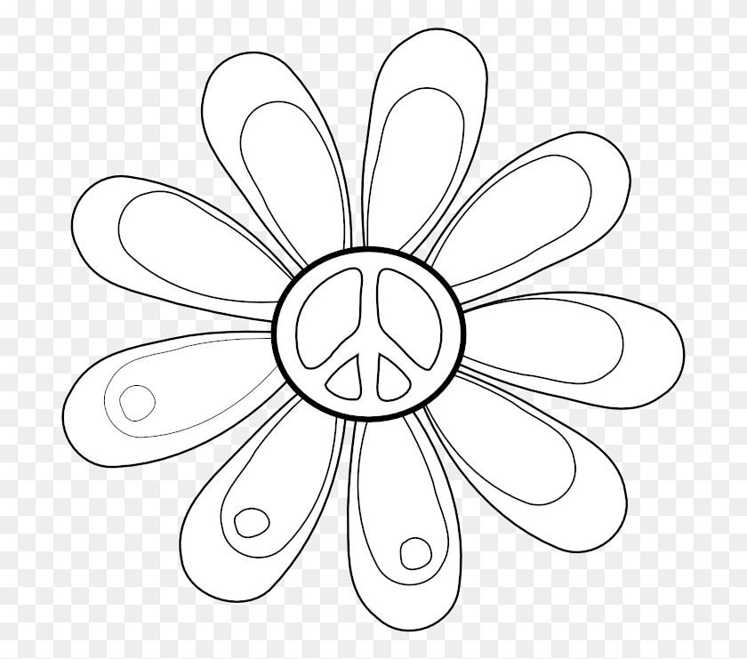 703x681 Peace Symbol Peace Sign Flower 82 Black White Line Coloring Book, Cushion, Pattern, Lamp HD PNG Download