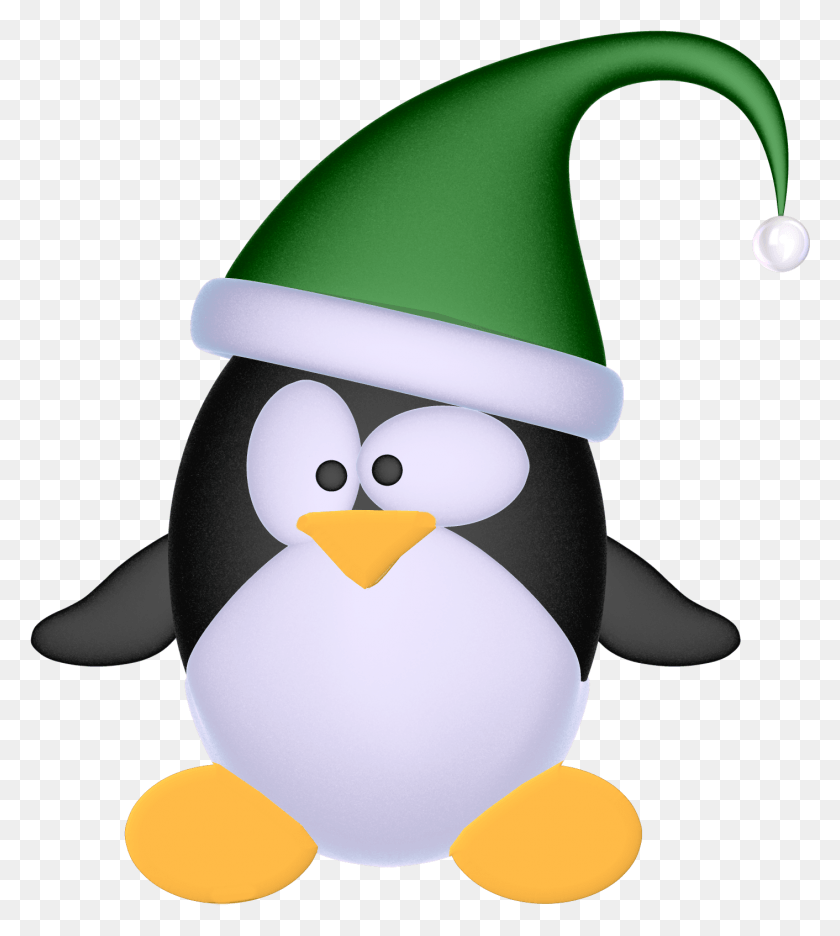 1412x1586 Penguin Illustration Green Hats Fauna Linux Christmas Penguin With Green Hat Clipart, Bird, Animal, Snowman HD PNG Download