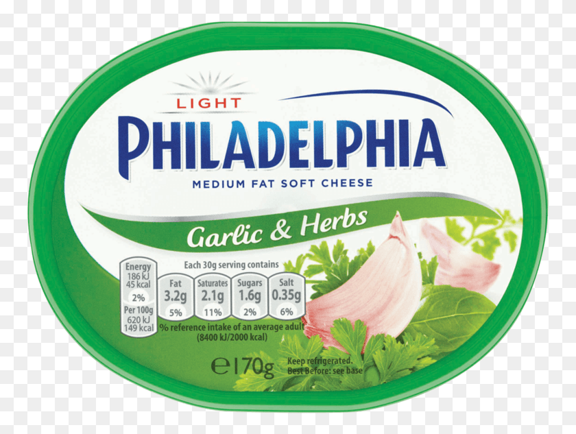 763x573 Philadelphia Light With Garlic And Herbs Soft White Philadelphia Cheese With Herbs, Plant, Label, Text HD PNG Download