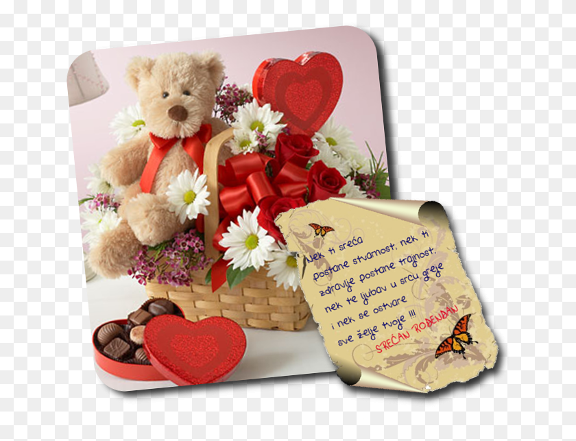 652x583 Photo Rodjendan Flowers And Teddy Bears Chocolates Birthday, Teddy Bear, Toy, Basket HD PNG Download