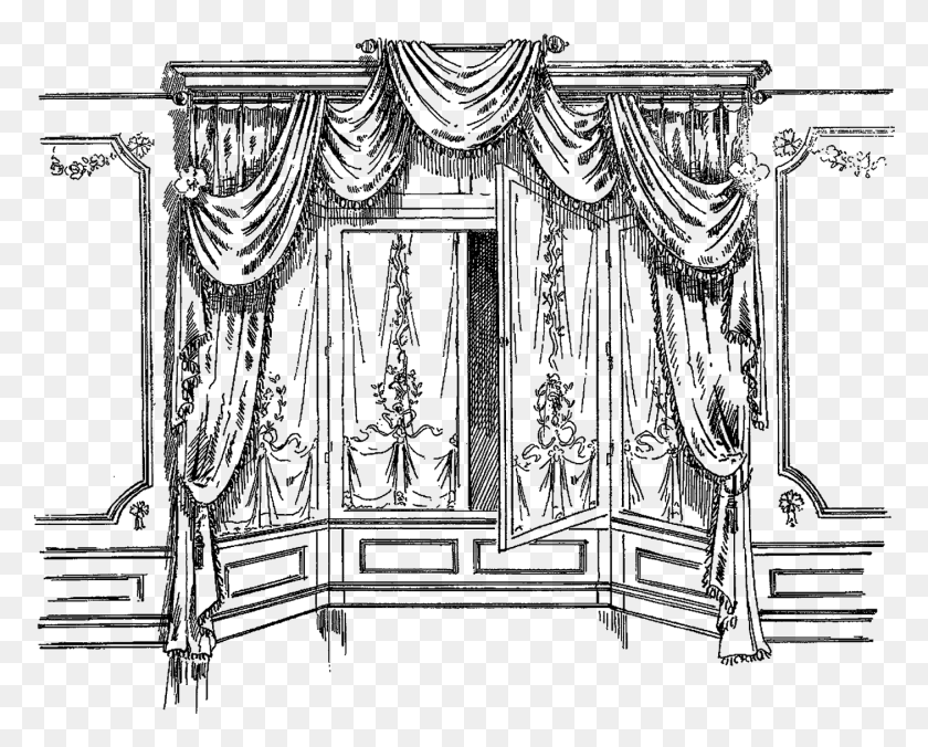 1405x1110 Picture Black And White Drawing Curtains Furniture, Nature, Outdoors, Outer Space HD PNG Download