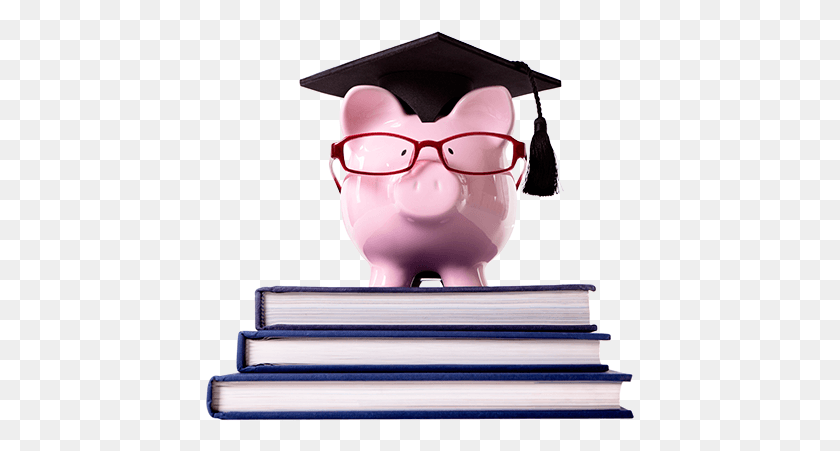 431x391 Piggy Bank With Glasses And A Grad Cap On A Pile Of Piggy Bank With Graduation Cap, Text, Sunglasses, Accessories HD PNG Download
