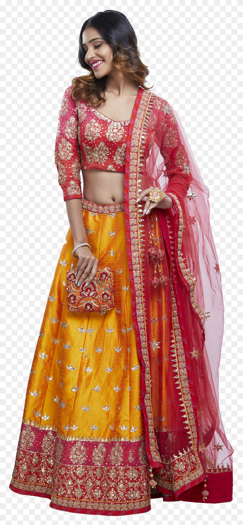 798x1796 Pink And Saffron Lehenga Set Silk, Clothing, Apparel, Sari HD PNG Download