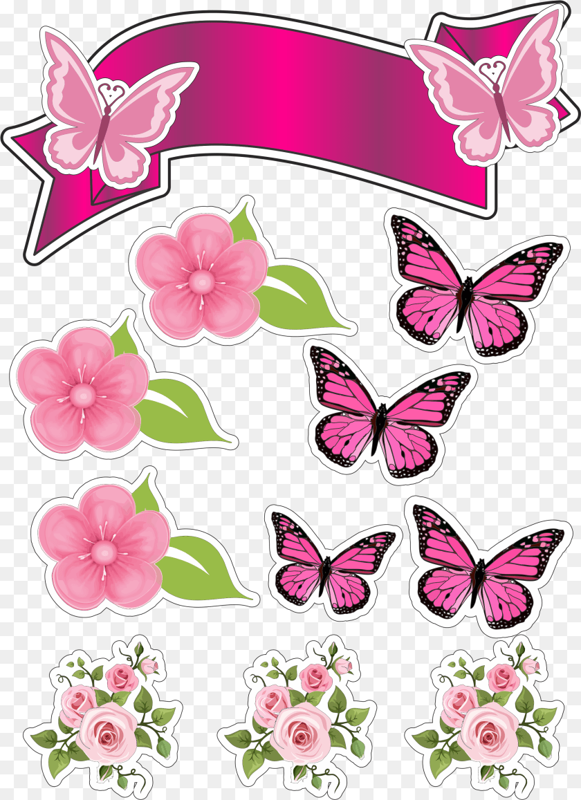 2417x3329 Pink Butterfly, Art, Graphics, Pattern, Flower Sticker PNG