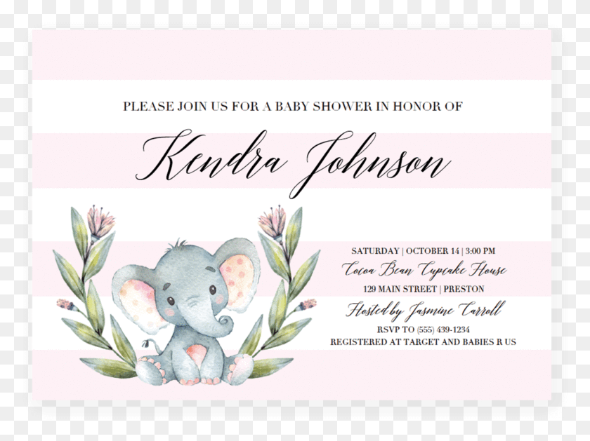 779x569 Pink Elephant Baby Shower Invitation Template Elephant Themed Baby Shower Invitation, Text, Envelope, Mail HD PNG Download