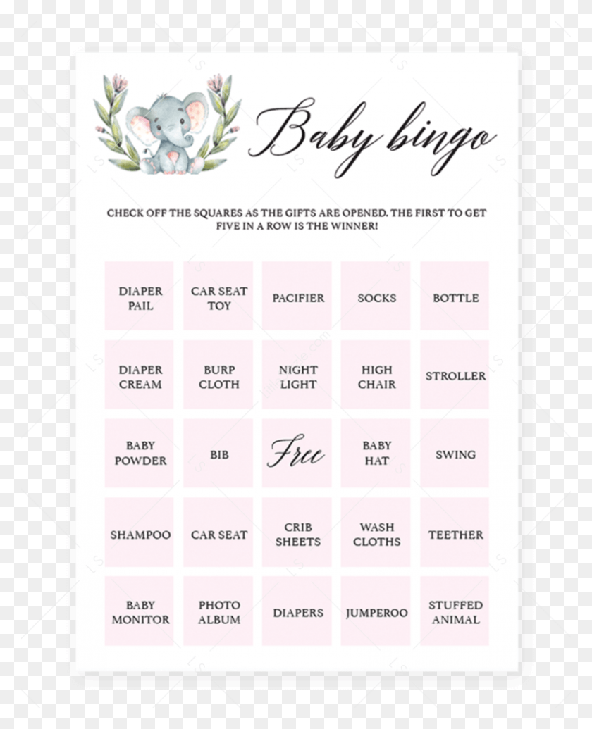 819x1024 Descargar Png Pink Elephant Shower Baby Bingo Cards By Littlesizzle Paper, Text, Flyer, Poster Hd Png