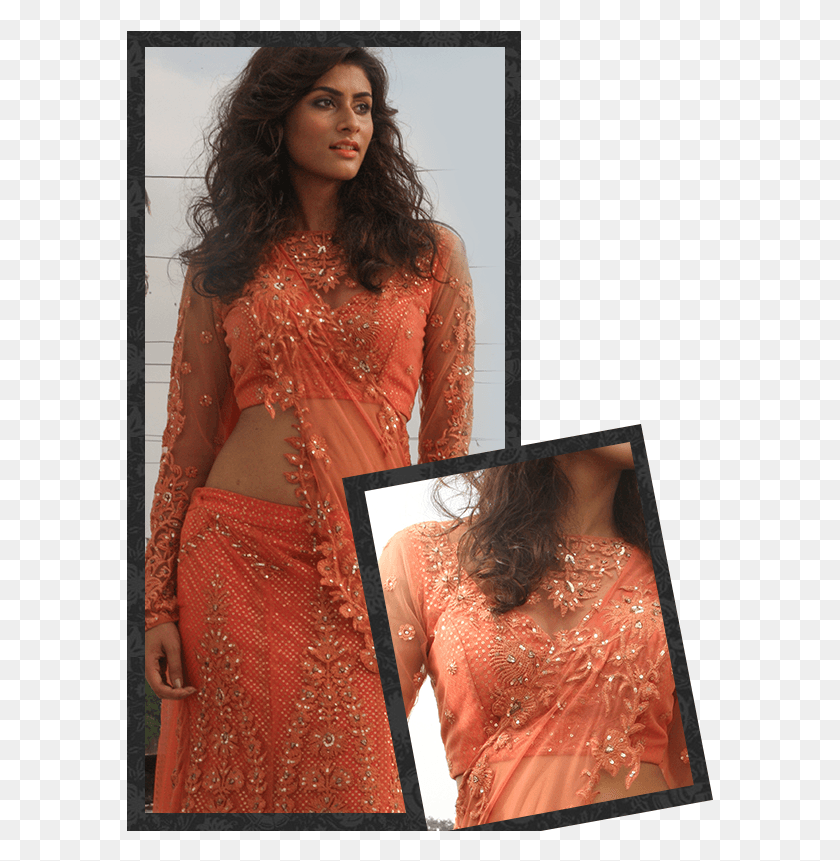 587x801 Pink White Orange Zardosi Photo Shoot, Clothing, Apparel, Sari HD PNG Download