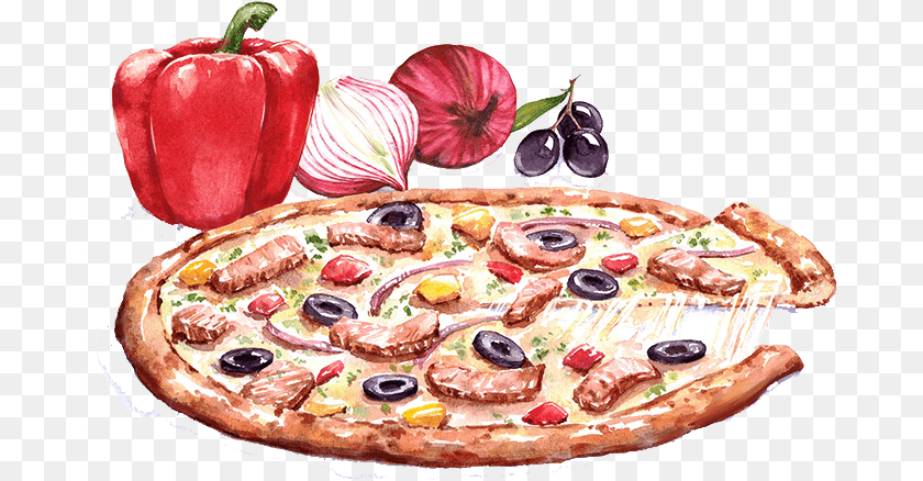 Pizza Watercolor Illustration, Food, Meal, Dish, Platter Clipart PNG