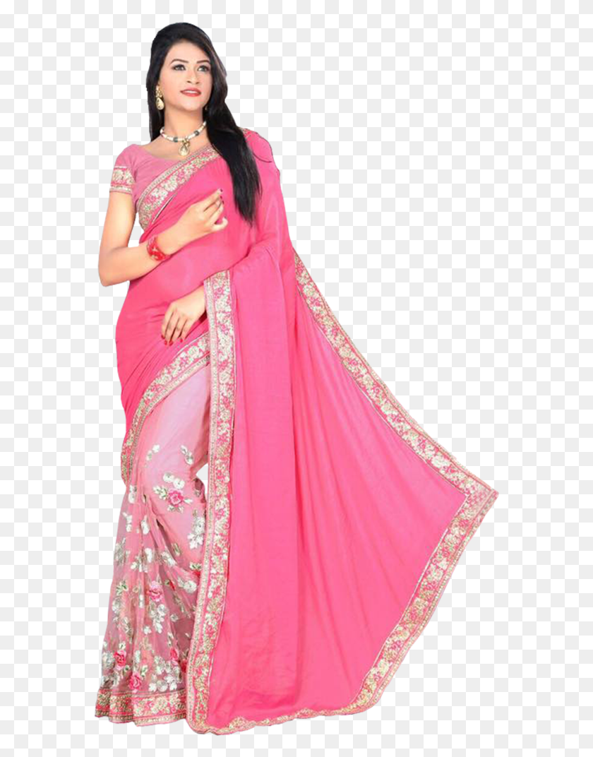 575x1012 Plain Saree With Printed Blouse, Clothing, Apparel, Sari HD PNG Download