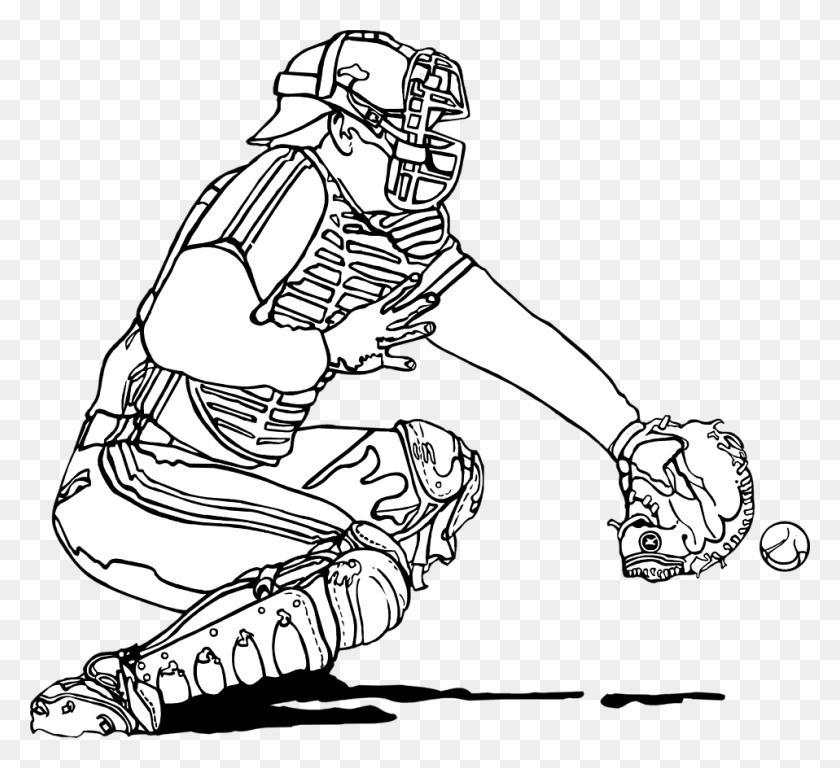 958x870 Player Clipart Baseball Catcher Black And White Catcher Baseball, Person, Human, Hand HD PNG Download