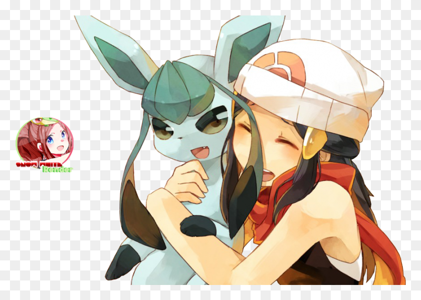 869x601 Pokemon Render Glaceon And Hikari Photo Glaceon And Cartoon, Helmet, Clothing, Apparel HD PNG Download