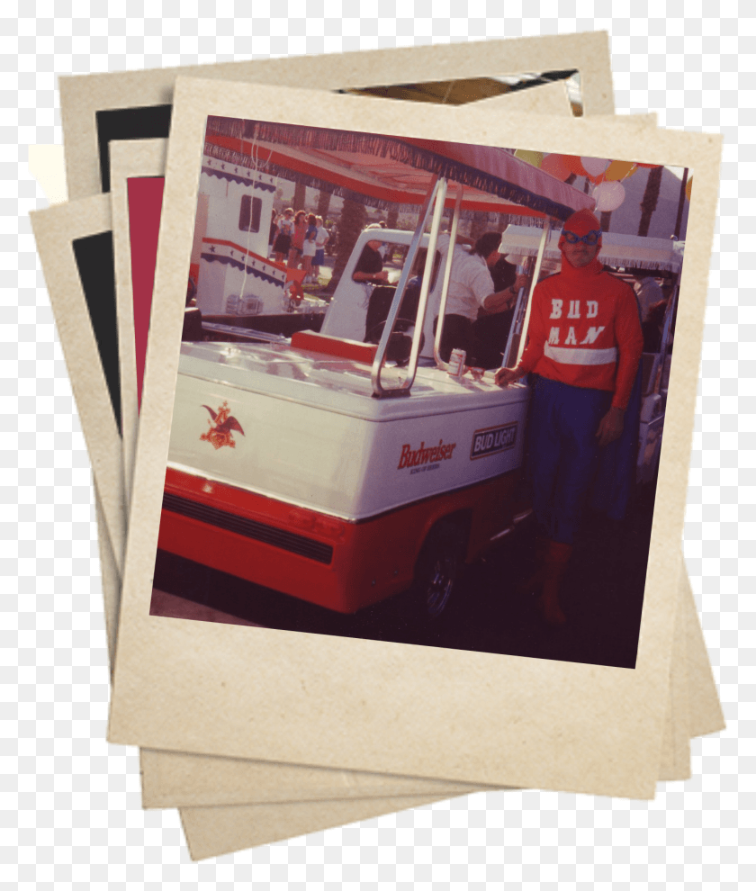 1392x1660 Polaroid Of Bud Man And Budweiser Stand In The 80s Car, Person, Human, Poster HD PNG Download