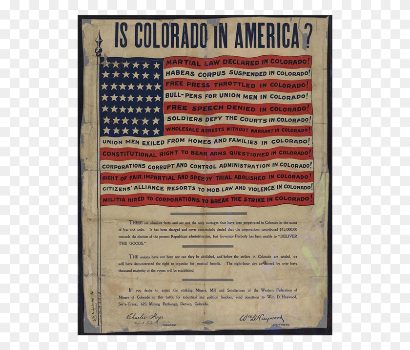 523x656 Был Создан Плакат С Осуждением Военного Положения И Жестокого Колорадо В Америке, Текст, Флаг, Символ Hd Png Скачать