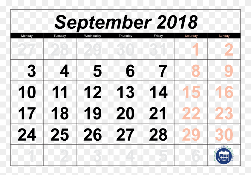 773x526 Printable September 2018 Calendar Sept 2018 Transparent Calendar, Text, Number, Symbol HD PNG Download