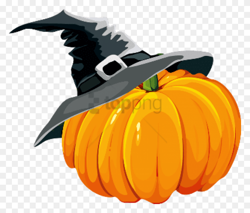 850x714 Pumpkin Wearing Witch Hat Pumpkin With Witch Hat, Vegetable, Plant, Food HD PNG Download