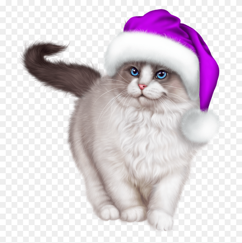 719x782 Descargar Png Gatos De Navidad Púrpura Feliz Navidad Gatito, Gato, Mascota, Mamífero Hd Png