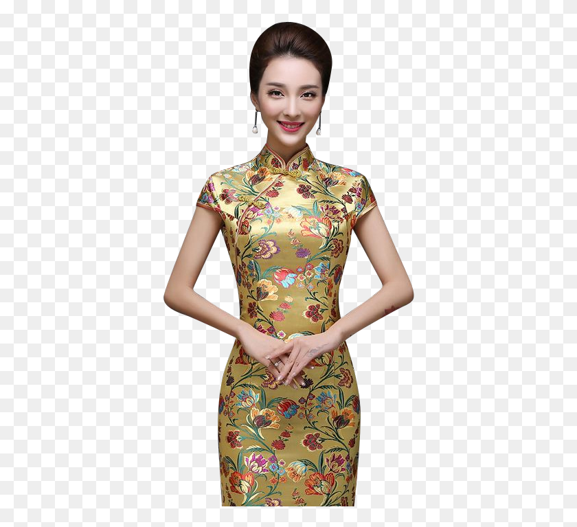 366x707 Qh 16190 Floral Brocade Cap Sleeve Mandarin Collar Fashion Model, Clothing, Apparel, Blouse HD PNG Download