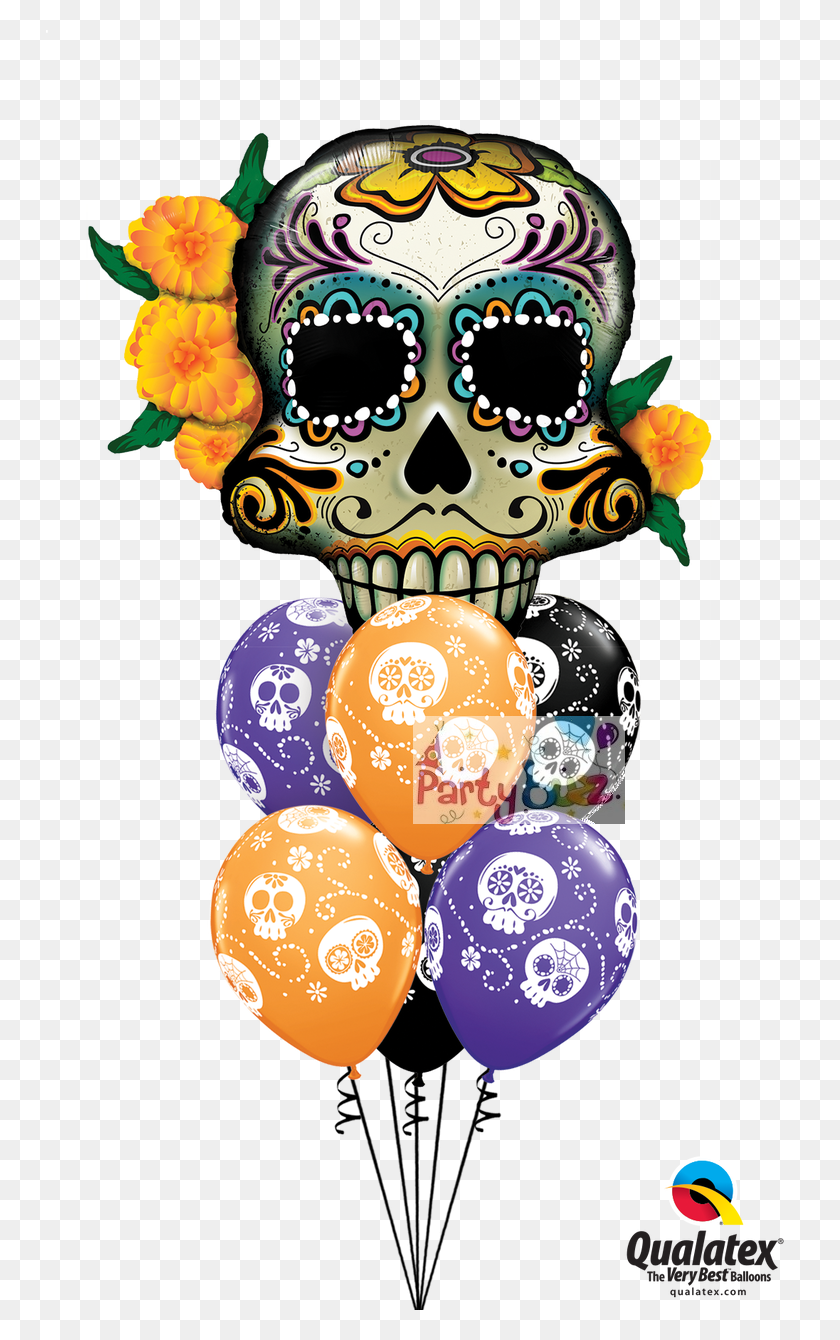 747x1280 Qualatex Foil Shape Day Of The Dead Skull Balloon Bouquet, Doodle HD PNG Download