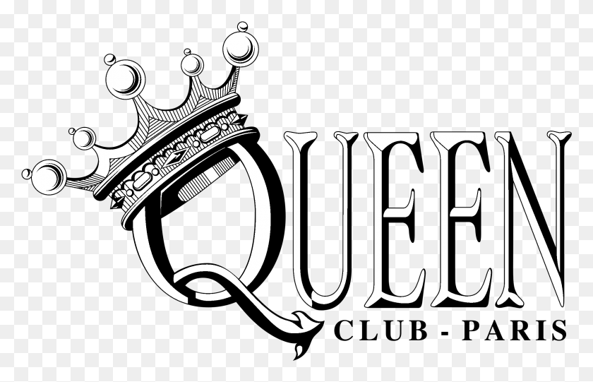 2335x1440 Descargar Png Queen Club Paris Logo En Blanco Y Negro Queen Club Paris, Texto, Escritura A Mano, Caligrafía Hd Png