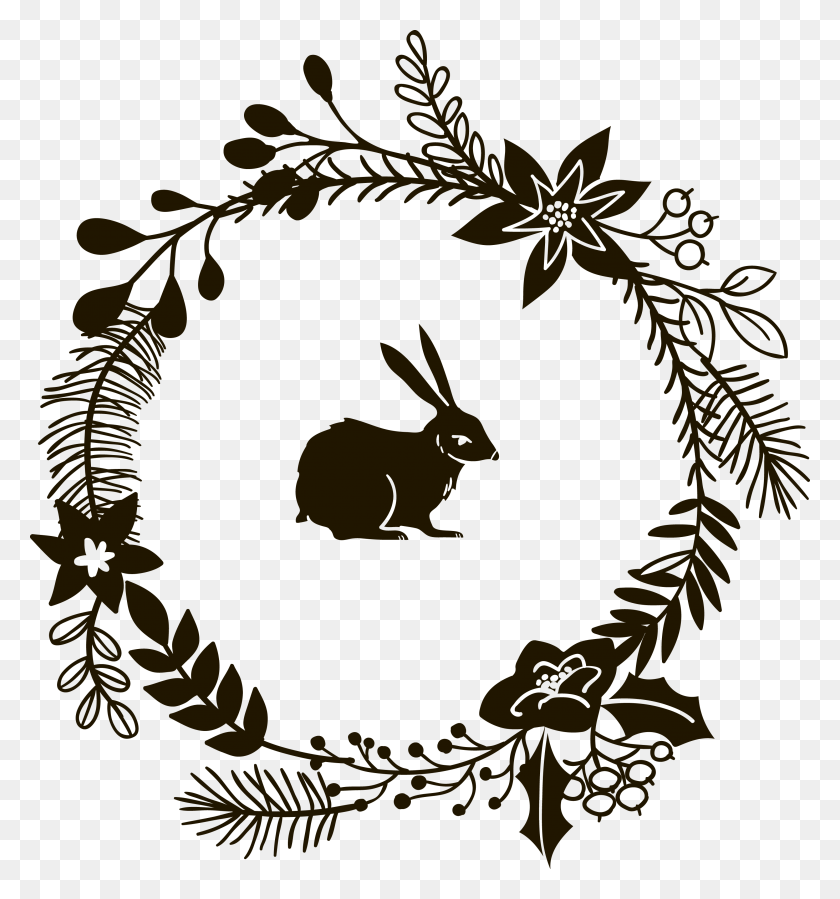 2967x3192 Rabbit And Wreath Christmas Day In Black And White, Antelope, Wildlife, Mammal HD PNG Download