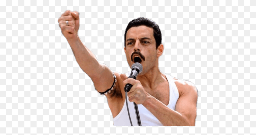 466x385 Descargar Png Rami Malek Como Freddie Mercury Cantando, Persona, Humano, Micrófono Hd Png