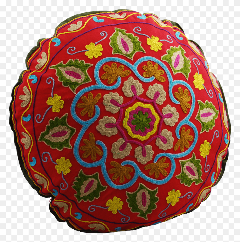 1050x1058 Red Swirl Hand Embroidered Round Decorative Floor Pillow Cushion, Pattern, Ornament, Embroidery HD PNG Download