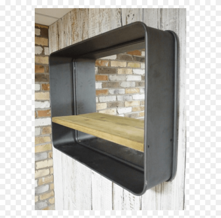 577x769 Retro Industrial Mirror With Wooden Shelf Industrial Wooden Shelf Mirror, Wood, Furniture, Fireplace HD PNG Download