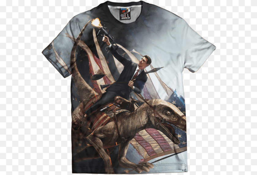 573x572 Ronald Reagan Velociraptor Shirt Reagan On T Rex Machine Gun, Clothing, T-shirt, Adult, Male Transparent PNG