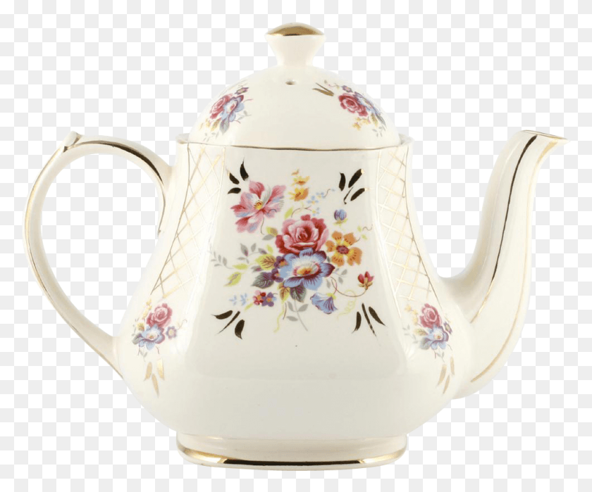 985x808 Sandler English Pottery Teapot Vintage Pink Roses Blue Teapot, Pot, Porcelain HD PNG Download