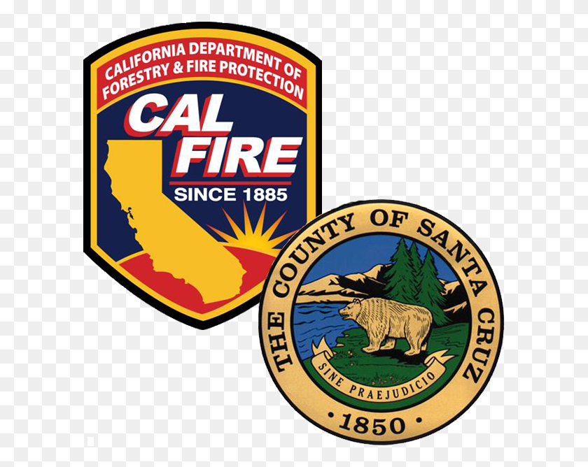 604x608 Santa Cruz County Fire And Cal Fire Duel Logo Sedgwick County Kansas, Symbol, Trademark, Lion HD PNG Download