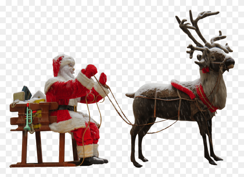1018x720 Santa Reindeer Santa Claus And Reindeer, Bull, Mammal, Animal HD PNG Download
