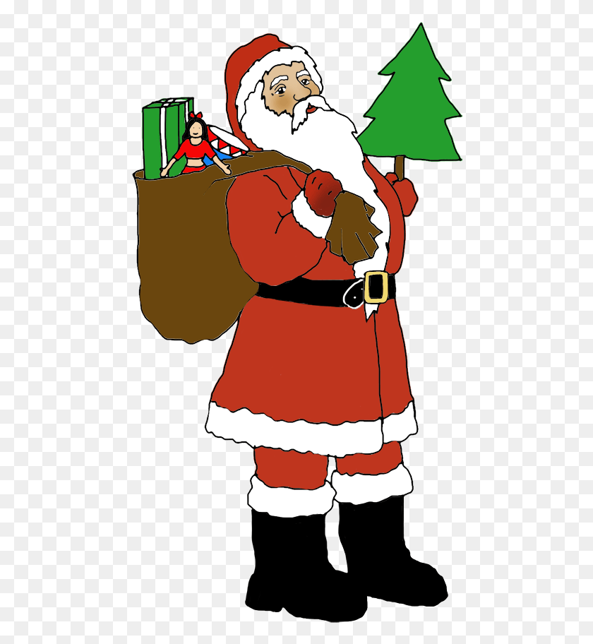 470x852 Santa With Sack And Christmas Tree Clipart Of Santa Clipart With Christmas Tree, Person, Human, Clothing HD PNG Download