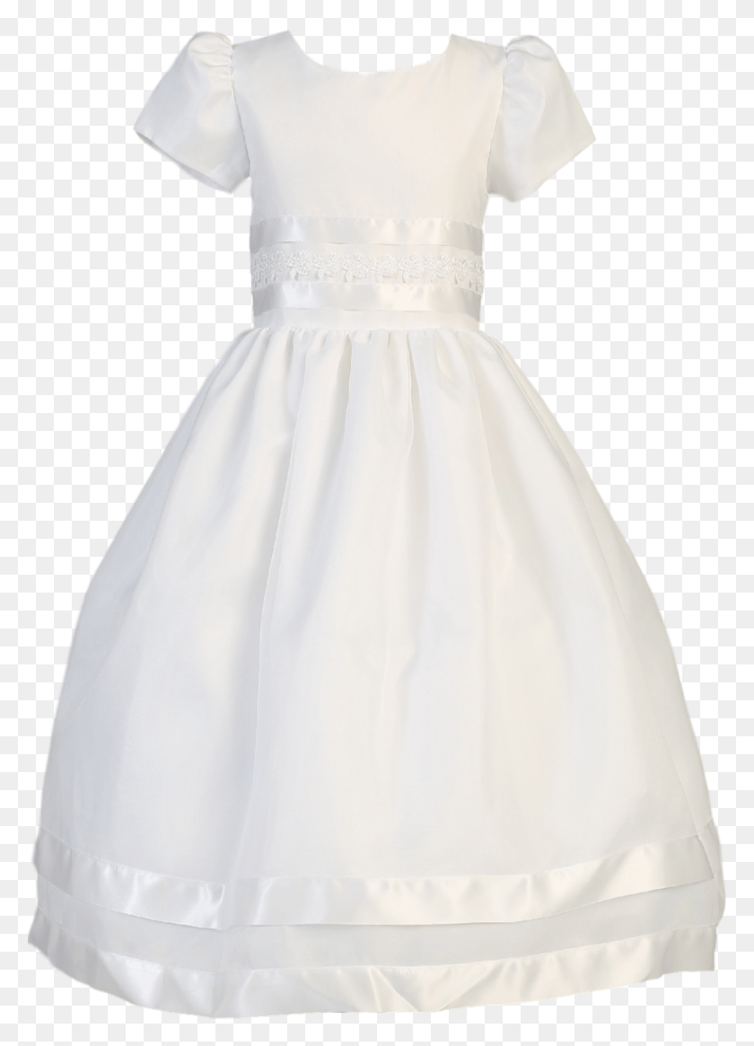 795x1127 Satin Amp Lace Trim On White Organza Overlay First Holy Dress, Clothing, Apparel, Female HD PNG Download