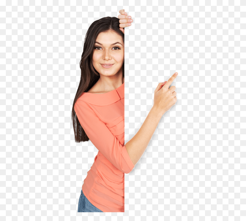 386x697 Satisfaction Is Our Goal Woman Pointing Finger, Person, Human, Face Descargar Hd Png