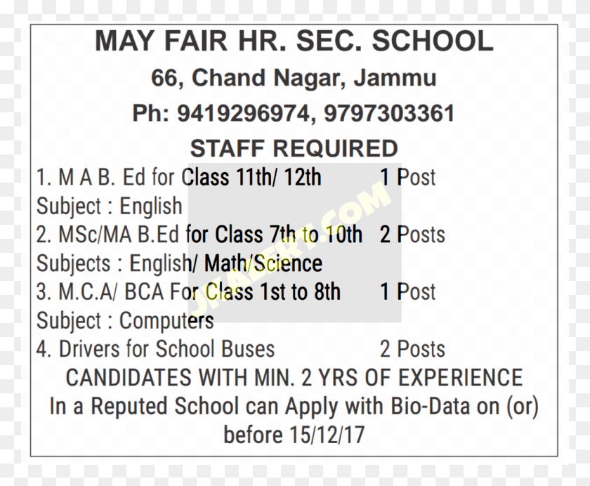 1080x876 School Required Staff Chand Nagar Jammu, Text, Paper, Menu HD PNG Download