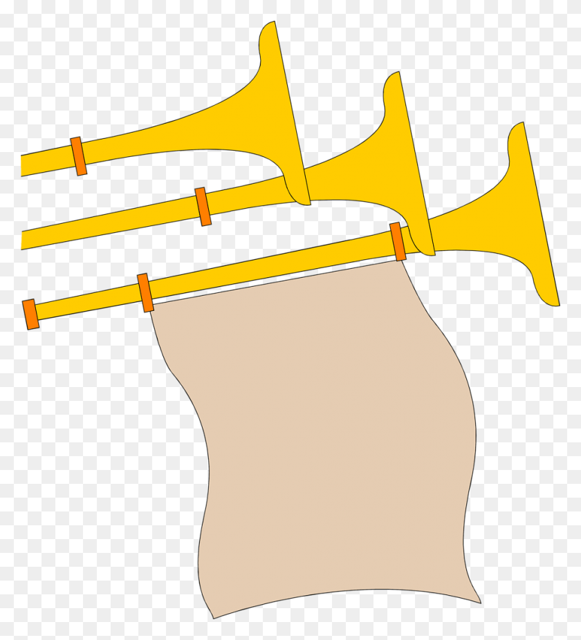 958x1064 Scroll Clipart Golden Horn With Banner, Axe, Tool, Musical Instrument HD PNG Download