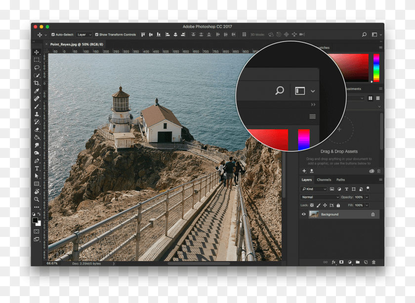 1289x917 Search And The New Workspace Selector In Photoshop Point Reyes Lighthouse, Person, Railway, Transportation HD PNG Download