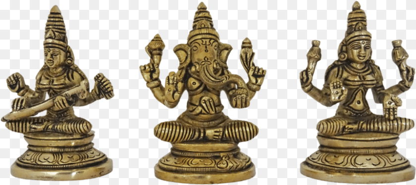 860x383 Set Of Ganapati Lakshmi And Saraswathi Brass Statue Brass, Bronze, Person, Figurine, Chess Sticker PNG