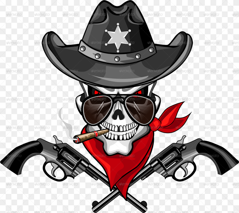 1677x1492 Sheriff Skull With Pistols And A Cigar Skull With Gun, Clothing, Hat, Smoke Pipe, Cowboy Hat Sticker PNG