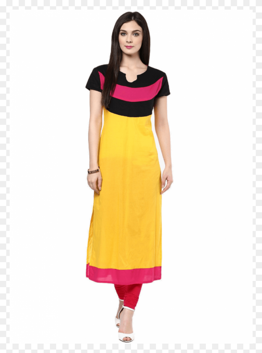 874x1201 Shop Designer Yellow With Pink Black Cotton Kurti Skirt, Clothing, Apparel, Dress HD PNG Download