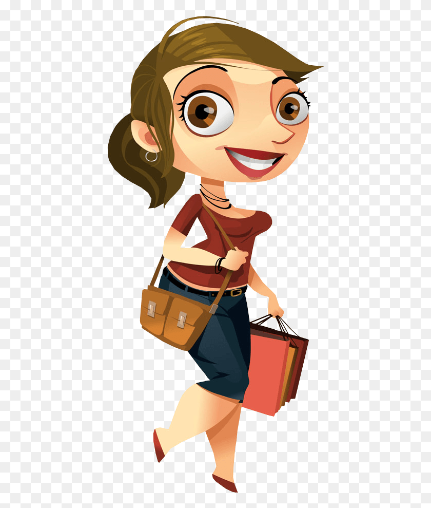 424x929 Shopping Bag Clipart Pretty Girl Woman Walking Cartoon, Bag, Handbag, Accessories HD PNG Download